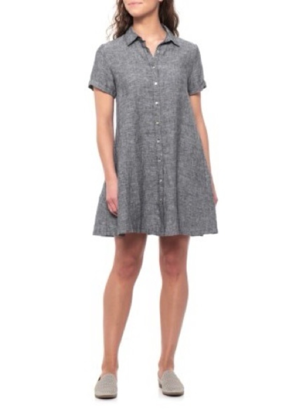 Tahari 100% Linen Gray Short-Sleeve Button-Front A-Line Midi Swing Dress Size XS